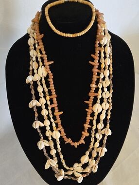 Three Natural Shell Bead Necklaces & One Wood Bead Necklace & Wood Bead Anklet
